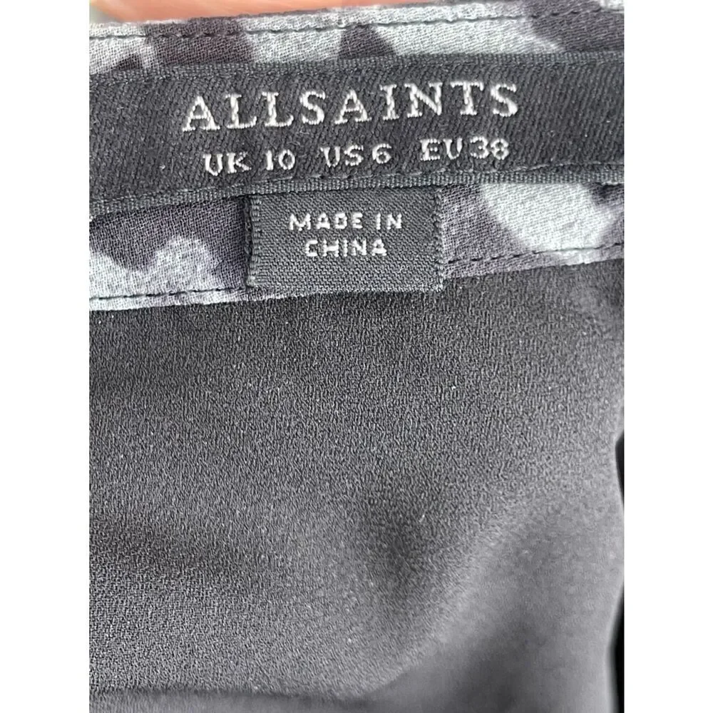 AllSaints Rhea animal print slip skirt.  Sheer Asymmetric Hem Black/Gray